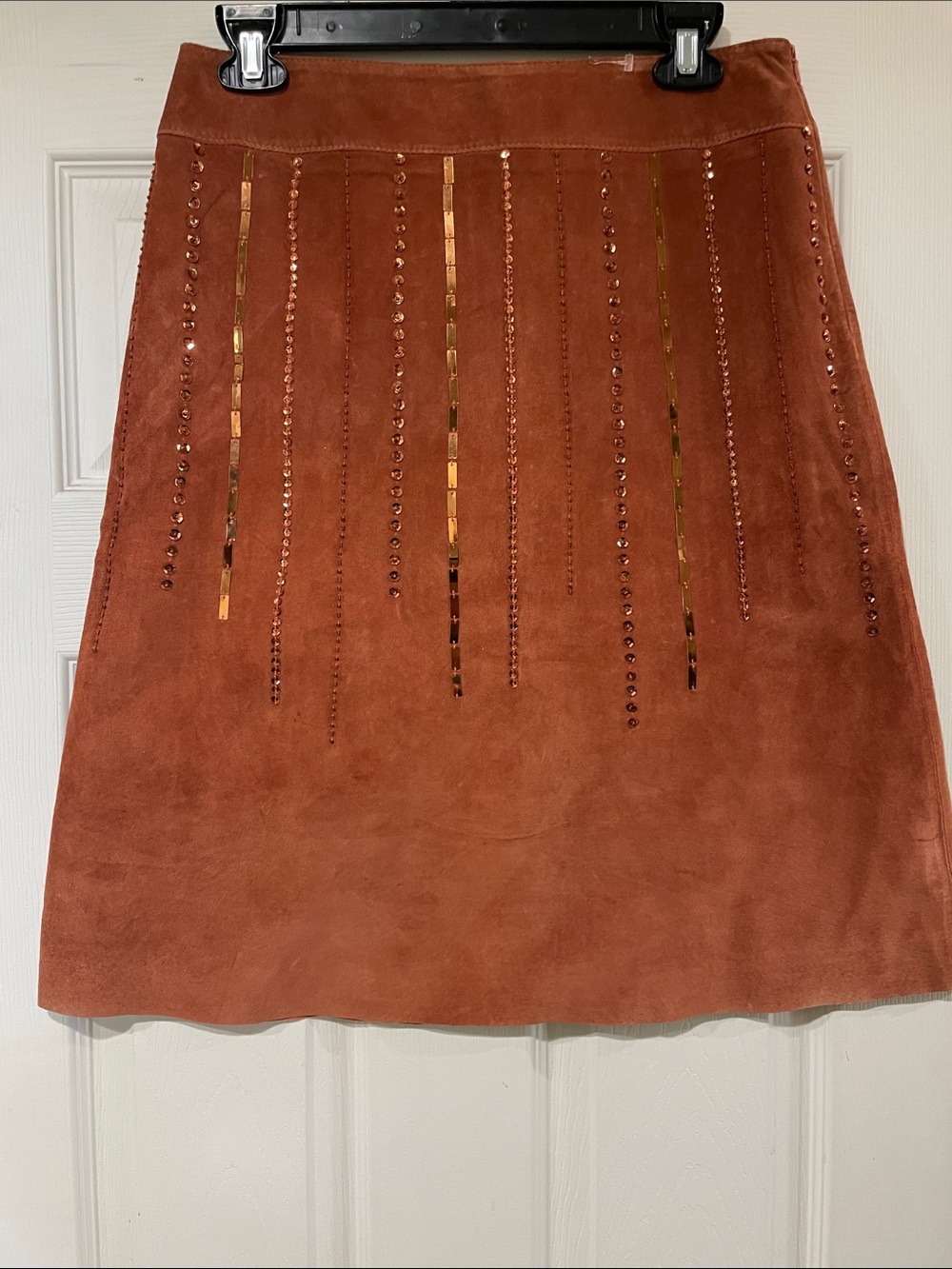 Rust Suede A-Line Skirt with Sequin Stripe Accents
